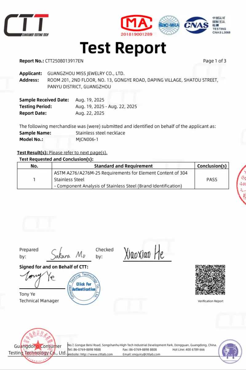 Stainless steel material test report for jewelry manufacturing quality verification