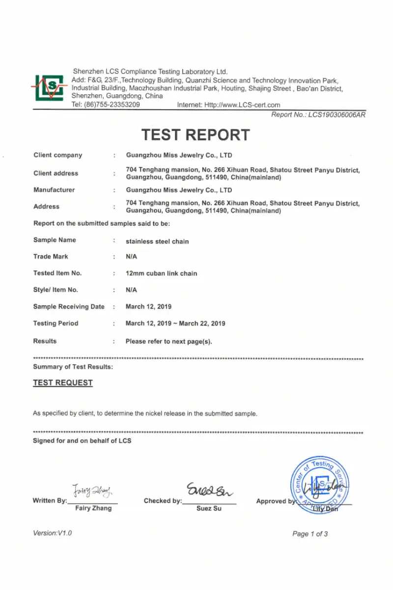 Nickel release test report for stainless steel jewelry skin contact safety