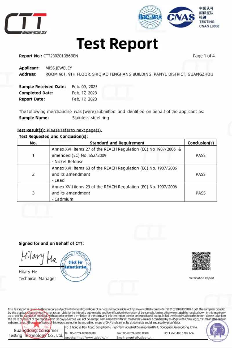 REACH compliance test report for stainless steel jewelry material safety