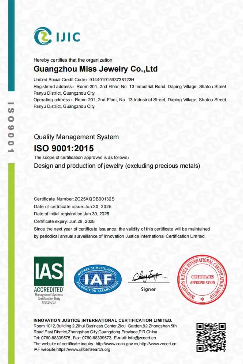 ISO 9001 certification for Jewins stainless steel jewelry manufacturing quality management